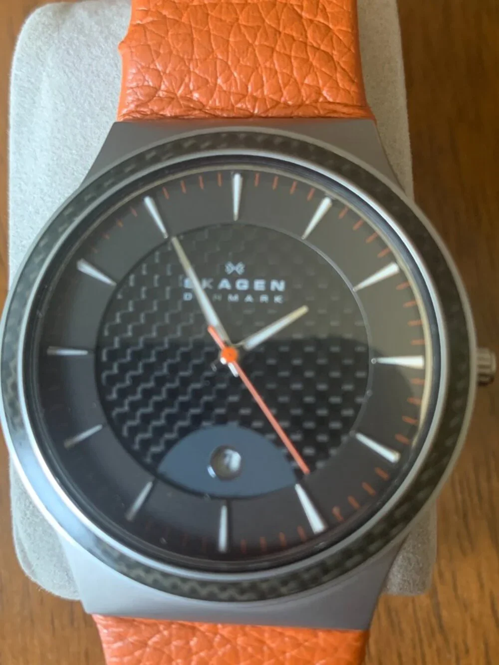 Skagen Denmark 234XXLTLO Titanium Quartz Watch Black Carbon Fiber Dial Orange